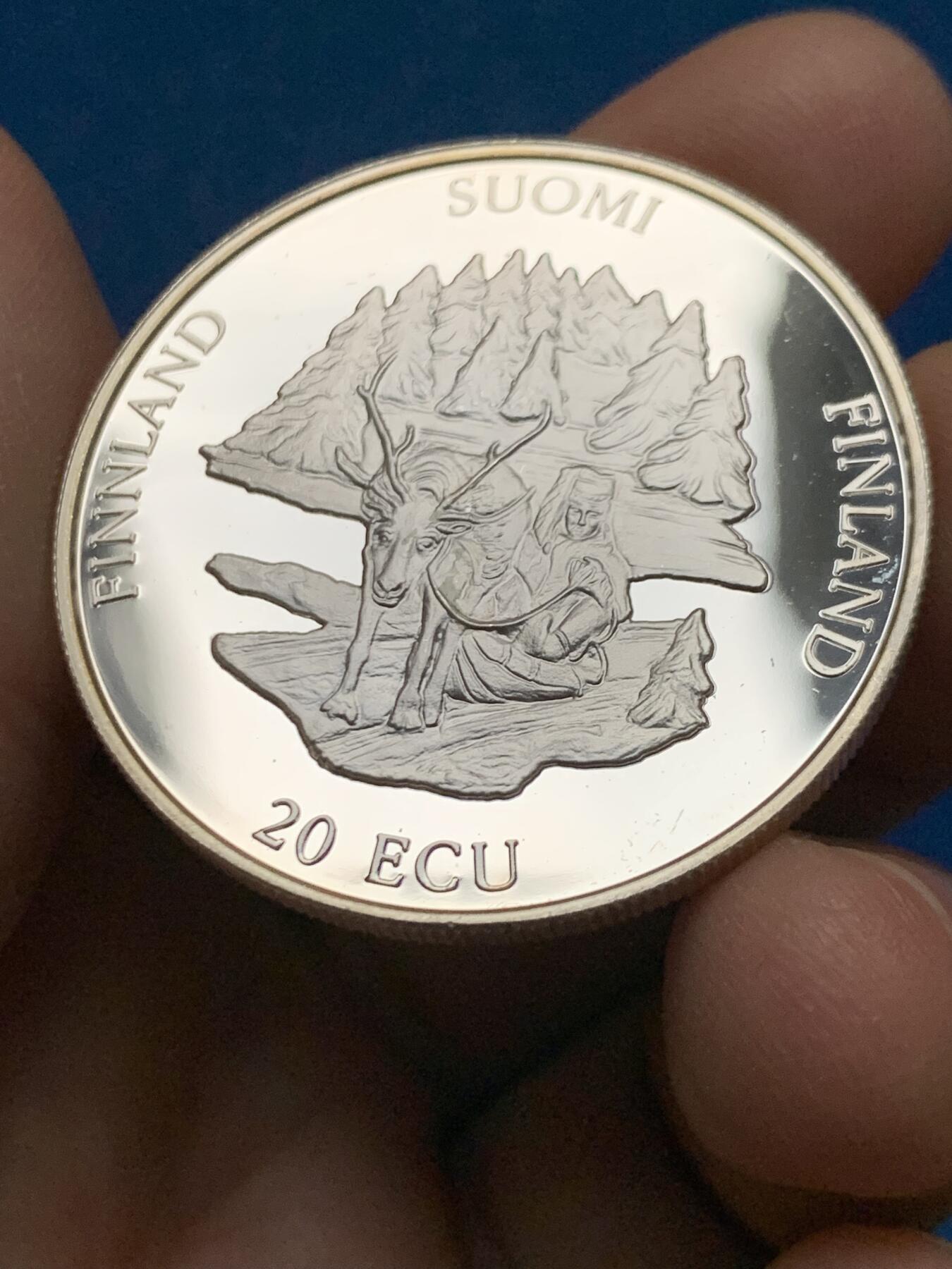 《竞宝斋》第450场 周日，周一，周二  3场连拍 （全场包邮，欢迎送拍） 芬兰1994年拉普兰人与驯鹿20ECU纪念银币 25.1g 925银 少见品种