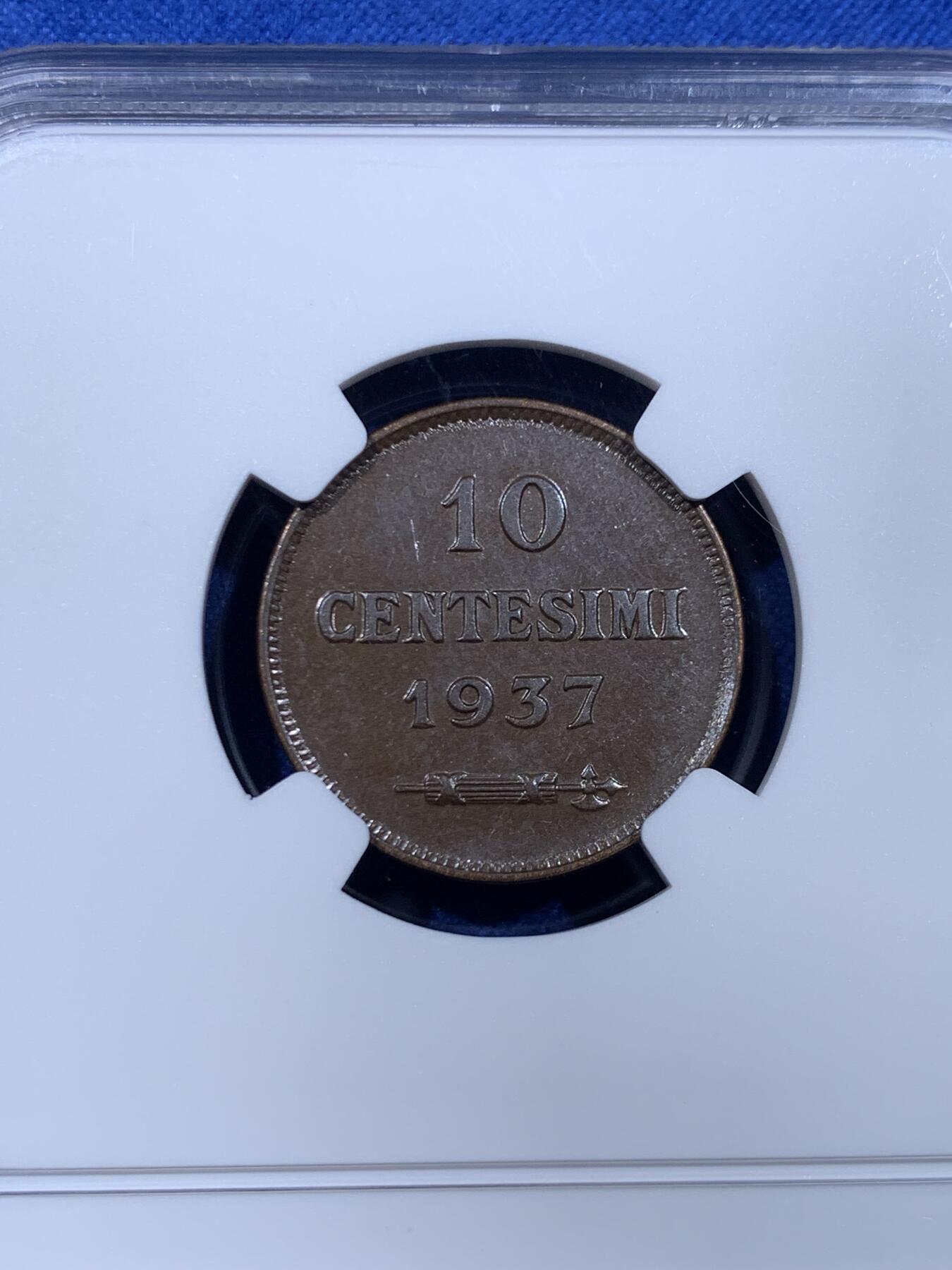 《竞宝斋》第450场 周日，周一，周二  3场连拍 （全场包邮，欢迎送拍） NGC MS62BN 圣马力诺1937年10分