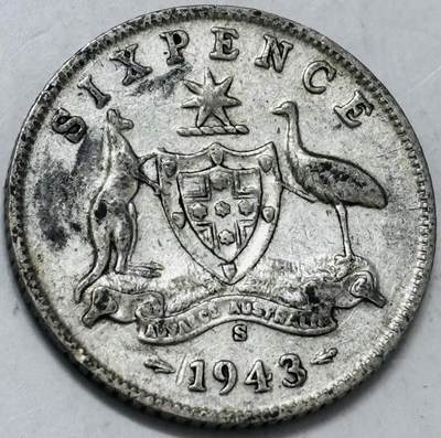 文馨钱币收藏第 286 场，圣诞节专场【 长期接收代拍品低至 0 佣金】 - 1943 年英属澳大利亚乔治六世 6 便士银币，925 高银 S 版