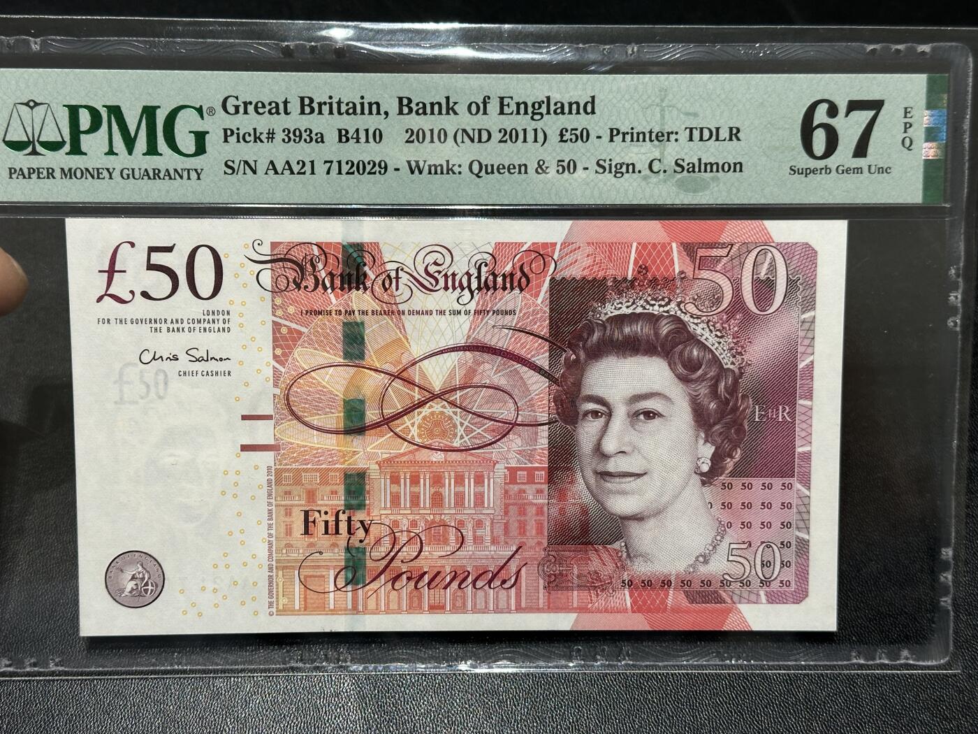 《外钞收藏家》第五百九十六期（精品大拍场）（本平台长期征集拍品、欢迎藏友们联系合作） 2010年英国F序列50镑 PMG67