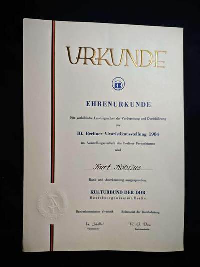 罗岚⭐爱藏⭐甄选专拍第二场-分享拍场赚佣（实体店在建中···） - 民主德国1984第三届柏林“Vivart”艺术展表彰证书 授予库尔特·科比乌斯 带地区书记签字