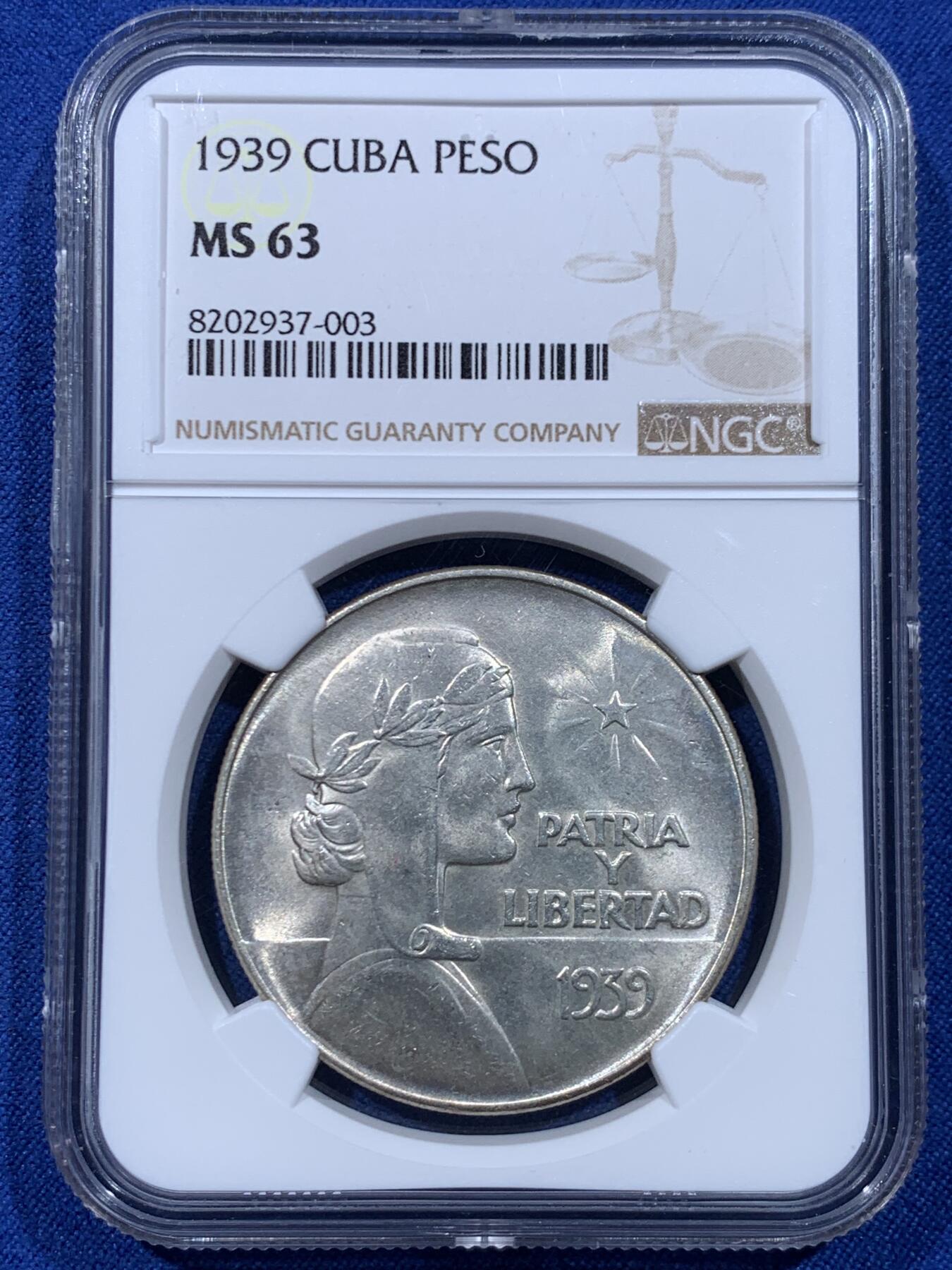 《竞宝斋》第450场 周日，周一，周二  3场连拍 （全场包邮，欢迎送拍） NGC MS63 古巴1939年女神1比索银币 原光