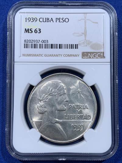 《竞宝斋》第450场 周日，周一，周二  3场连拍 （全场包邮，欢迎送拍） - NGC MS63 古巴1939年女神1比索银币 原光