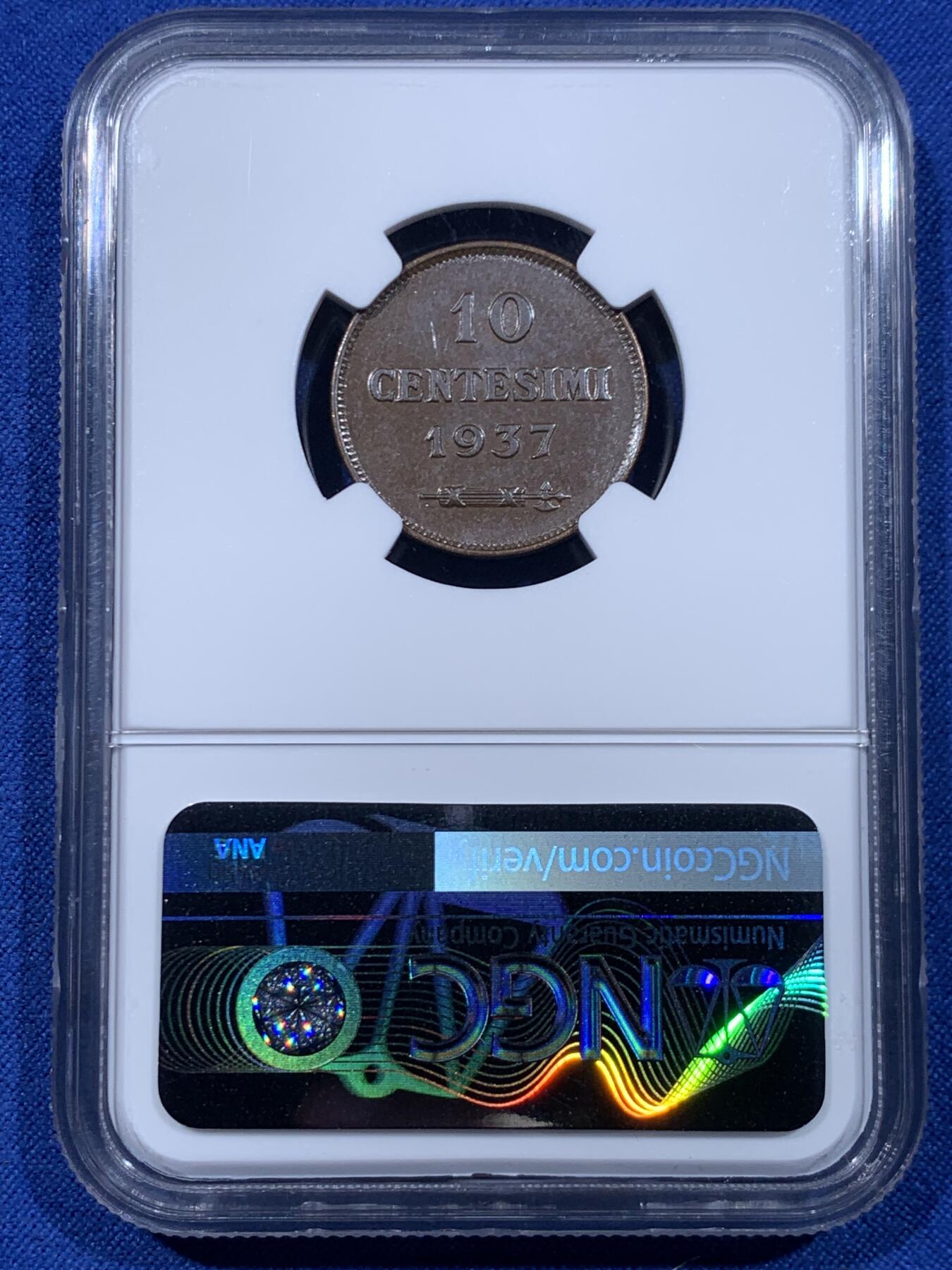 《竞宝斋》第450场 周日，周一，周二  3场连拍 （全场包邮，欢迎送拍） NGC MS62BN 圣马力诺1937年10分