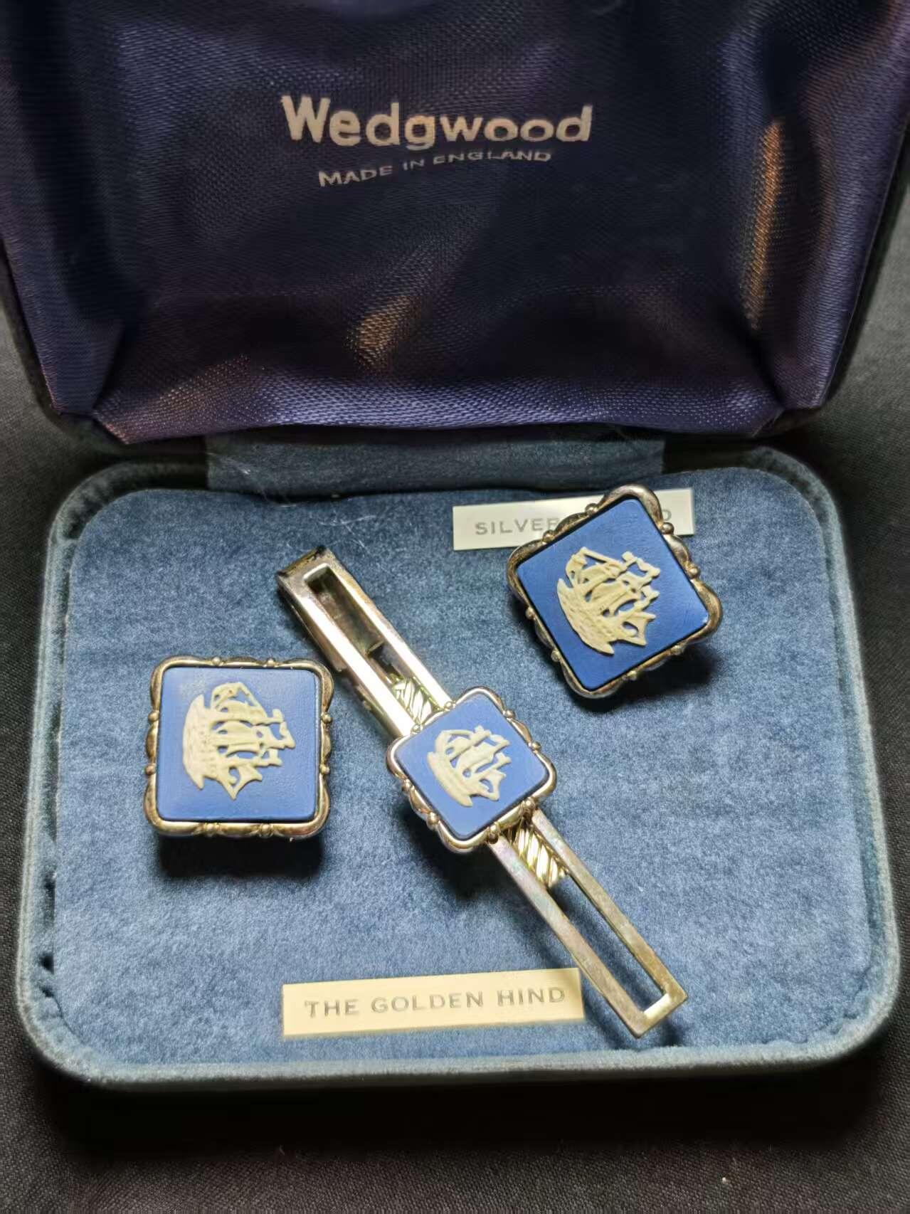 罗岚⭐爱藏⭐甄选专拍第二场-分享拍场赚佣（实体店在建中···） Wedgwood威基伍德 浮雕陶瓷帆船袖口领带夹一套 镀银陶瓷材质