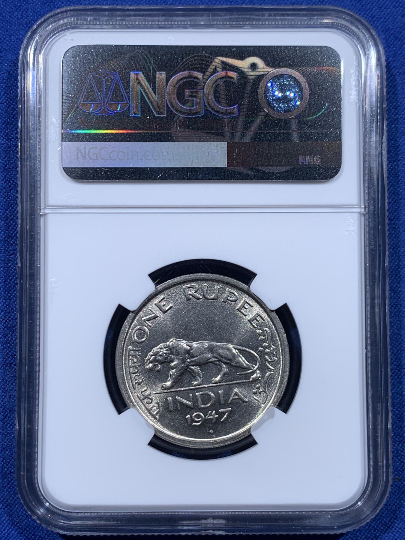 《竞宝斋》第450场 周日，周一，周二  3场连拍 （全场包邮，欢迎送拍） NGC MS62 英属印度1947年1卢比