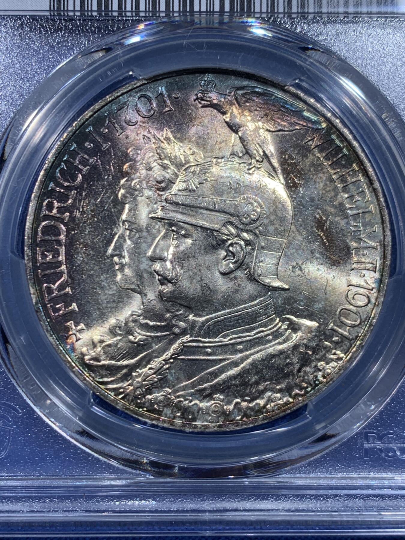 《竞宝斋》第450场 周日，周一，周二  3场连拍 （全场包邮，欢迎送拍） PCGS MS63 德国1901年普鲁士建国200周年纪念5马克大银币 边缘包浆 性价比
