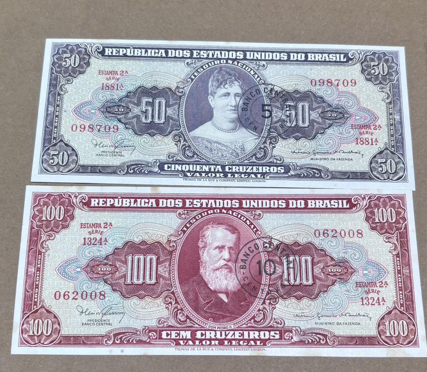 【礼羽收藏】🌏世界钱币拍卖第117期 巴西1966-1967年50 100加盖版 全新有黄斑