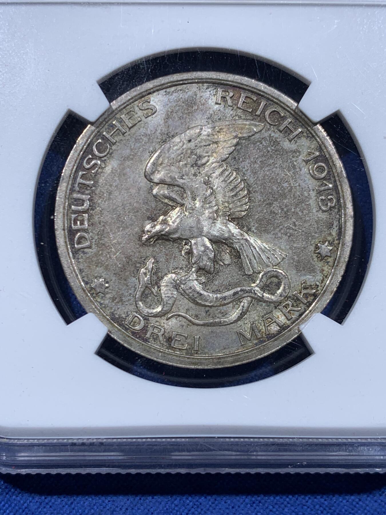 《竞宝斋》第450场 周日，周一，周二  3场连拍 （全场包邮，欢迎送拍） NGC MS63 德国1913A普法战争3马克银币 越来越贵的经典马克品种 值得入手