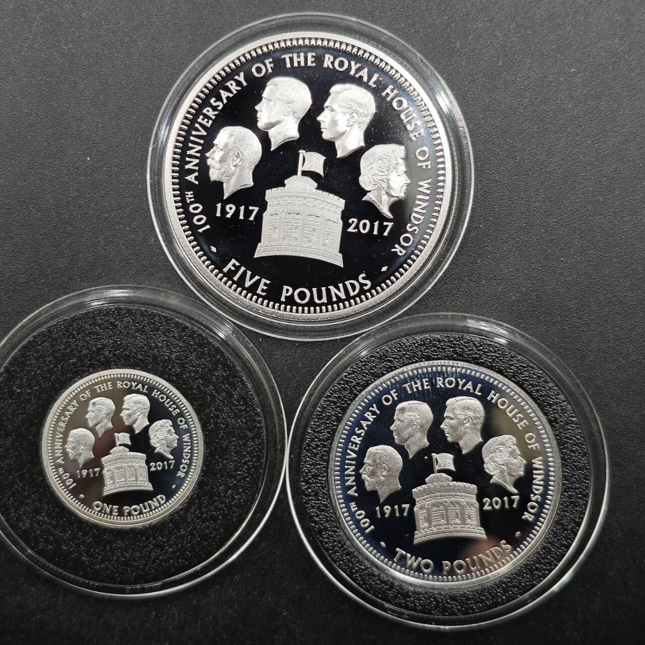 【淘币小摊】实时拍第八百三十六拍   银币套币场   满百包邮可预留二周 每周一统一发货   （罕见）2017年特里斯坦-达库尼亚（英属）1/2/5英镑精制银币套 温莎王朝100年纪念 10/14.5/28.28克 925银 发行量：仅999套 盒证全