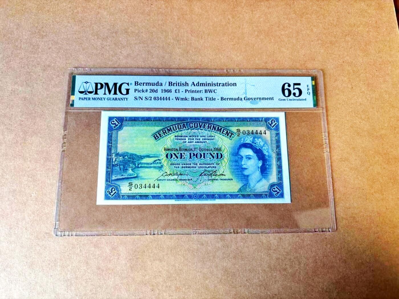 【Blue Auction】世界纸币精拍第767期——18级TOP拍卖/信誉/品质/专业/高效💫 【4444狮子号非常难遇】百慕大 1966年1镑 大冠女王 满版水印 PMG65EPQ 