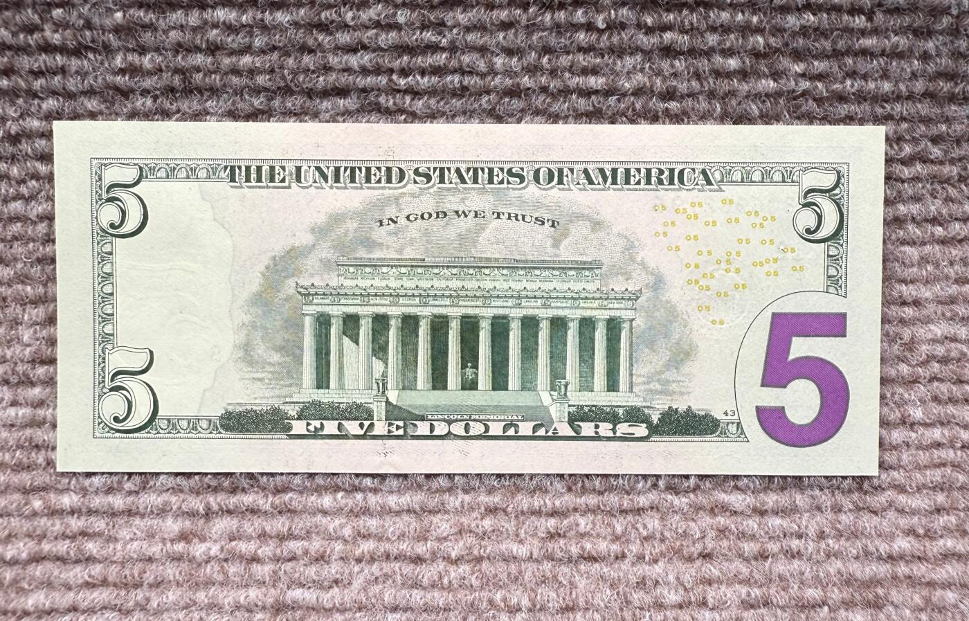 【无47】2021年版全新5美元纸币 林肯头像 （朦胧号）