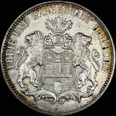 【雨安】【直播拍卖】【世界币章121期-裸币】2025-12-26 周五 19:30 保真 - [裸币德国] Germany 德国 帝国 汉堡 3马克 1911年 UNC