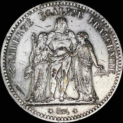 【雨安】【直播拍卖】【世界币章121期-裸币】2025-12-26 周五 19:30 保真 - [裸币法国] France 法国 5法郎 KM#0820 (1870-1889) 大力神 1873年