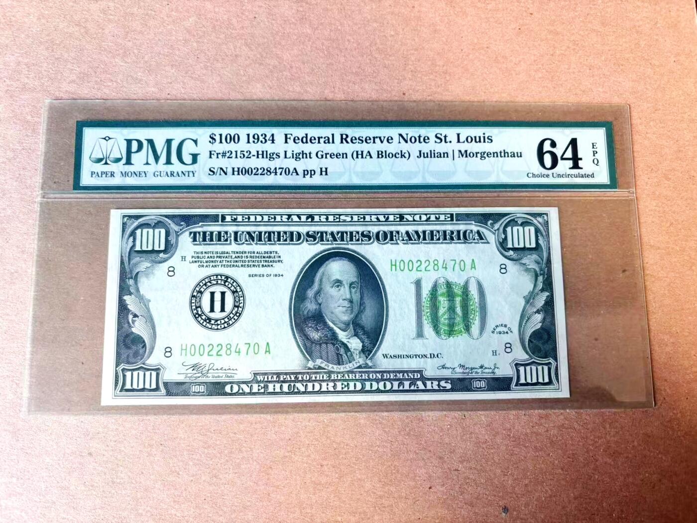【Blue Auction】世界纸币精拍第767期——18级TOP拍卖/信誉/品质/专业/高效💫   【无47 少见圣路易斯版 浅绿版较少见】美国 1934年100美金 PMG64EPQ 老壳