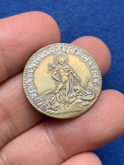 《竞宝斋》第451场 周日，周一，周二  3场连拍 （全场包邮，欢迎送拍） - 法国路易十五头像“挚爱”铜质代币，阿波罗驯龙，3.83g，24mm