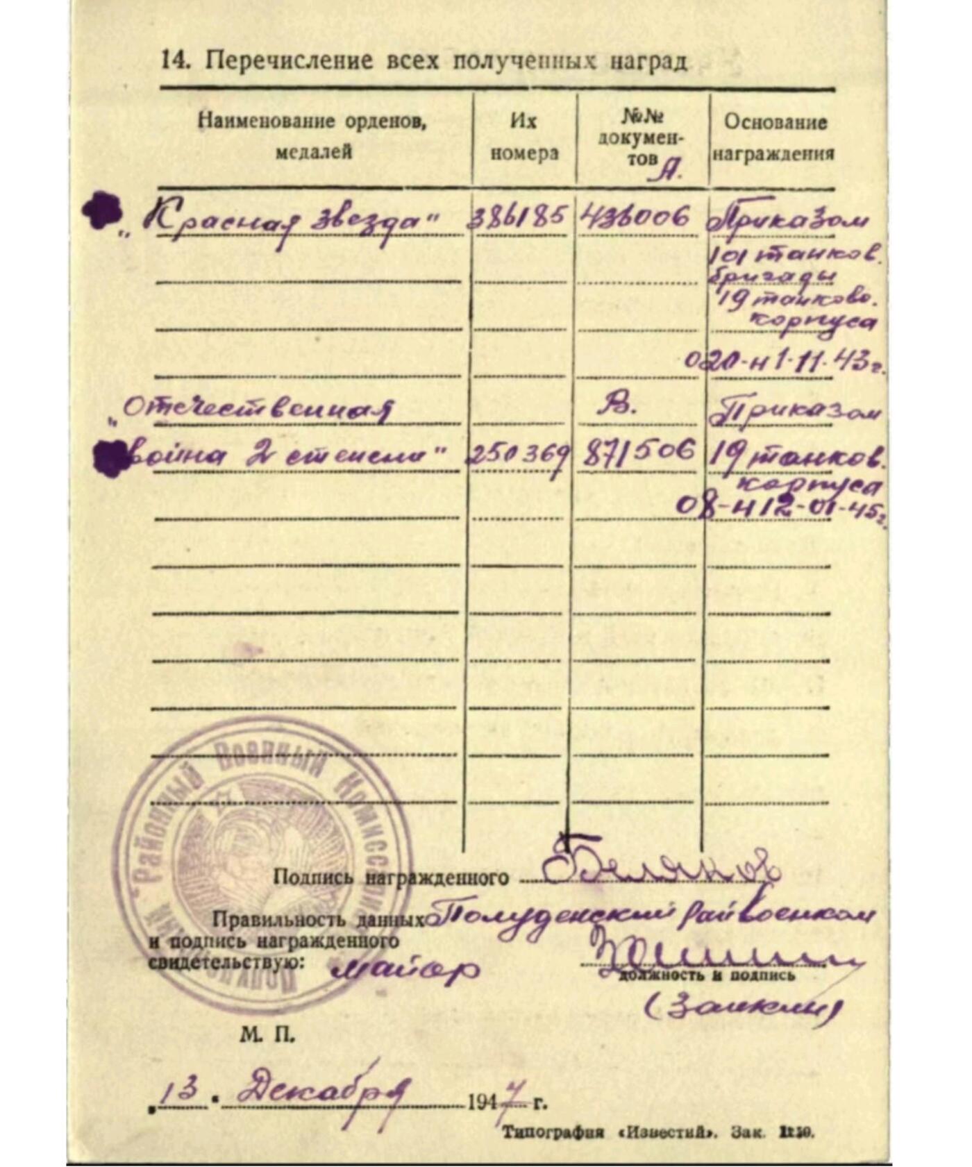 各国勋章奖章拍卖第46期 苏联红星勋章386185号，1943年救助后送25名受伤坦克兵获得