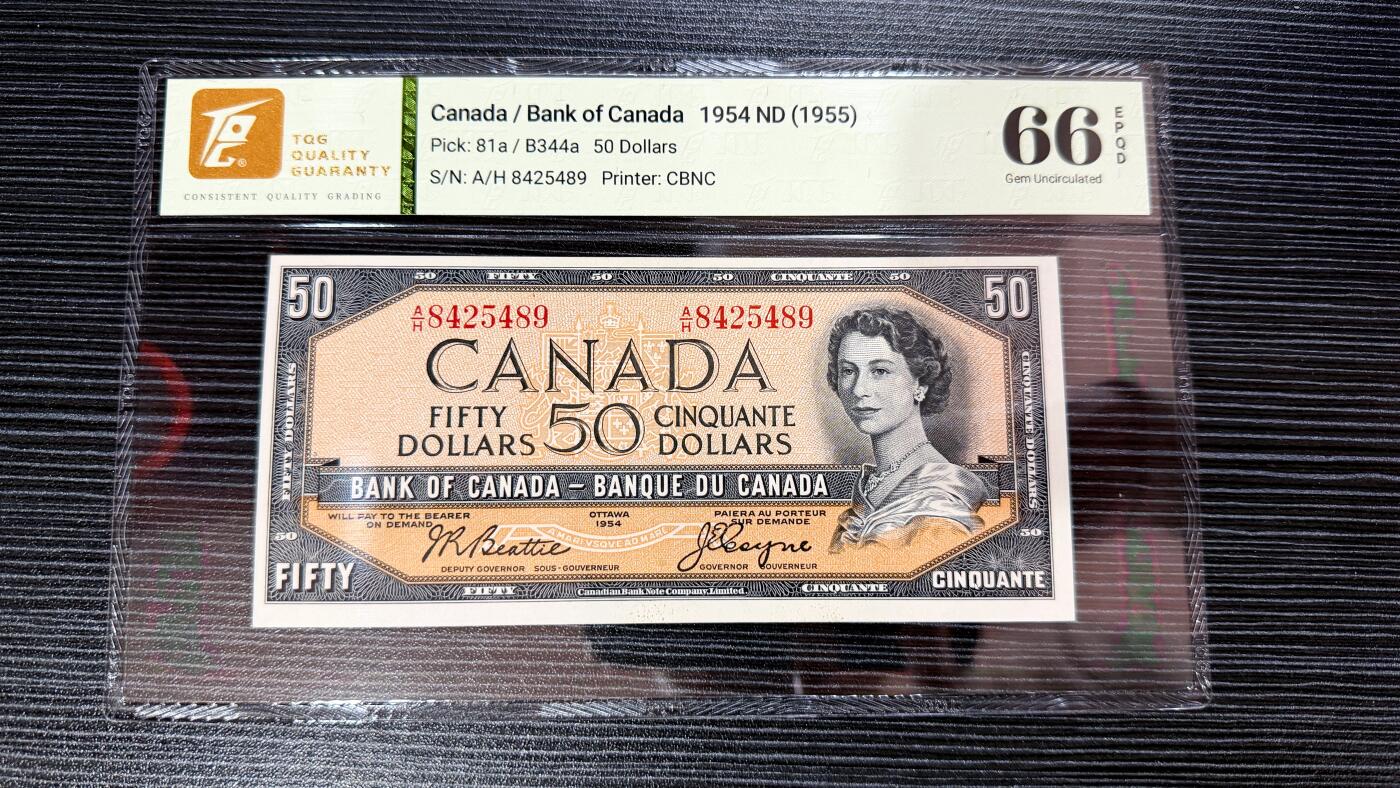 【Blue Auction】世界纸币精拍第767期——18级TOP拍卖/信誉/品质/专业/高效💫  加拿大 1954年50元 TQG66EPQ 女王 背面风景唯美