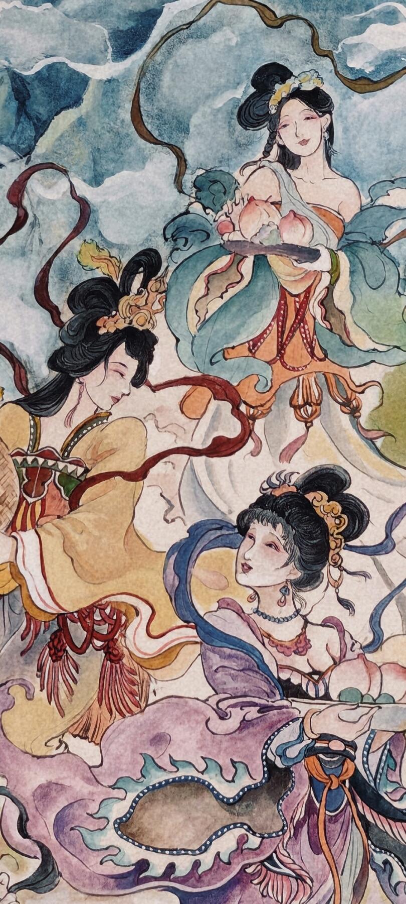 白泽拍卖卡牌手绘专场第30期（白金之夜 跨年大拍） 2025 鹿凝手绘画 蟠桃献瑞 已装裱 尺寸：内50cm*99cm 外61cm*121cm 鹿凝亲签