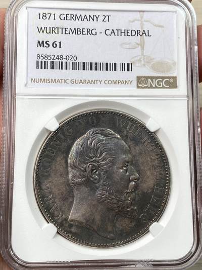 万国钱币拍卖第058期（万国新年大拍） - NGC MS61 1871年德国符腾堡乌尔姆大教堂2泰勒 德系经典名品 德意志精工细作的代表 厚重欧陆七彩包浆 值得入藏的状态
