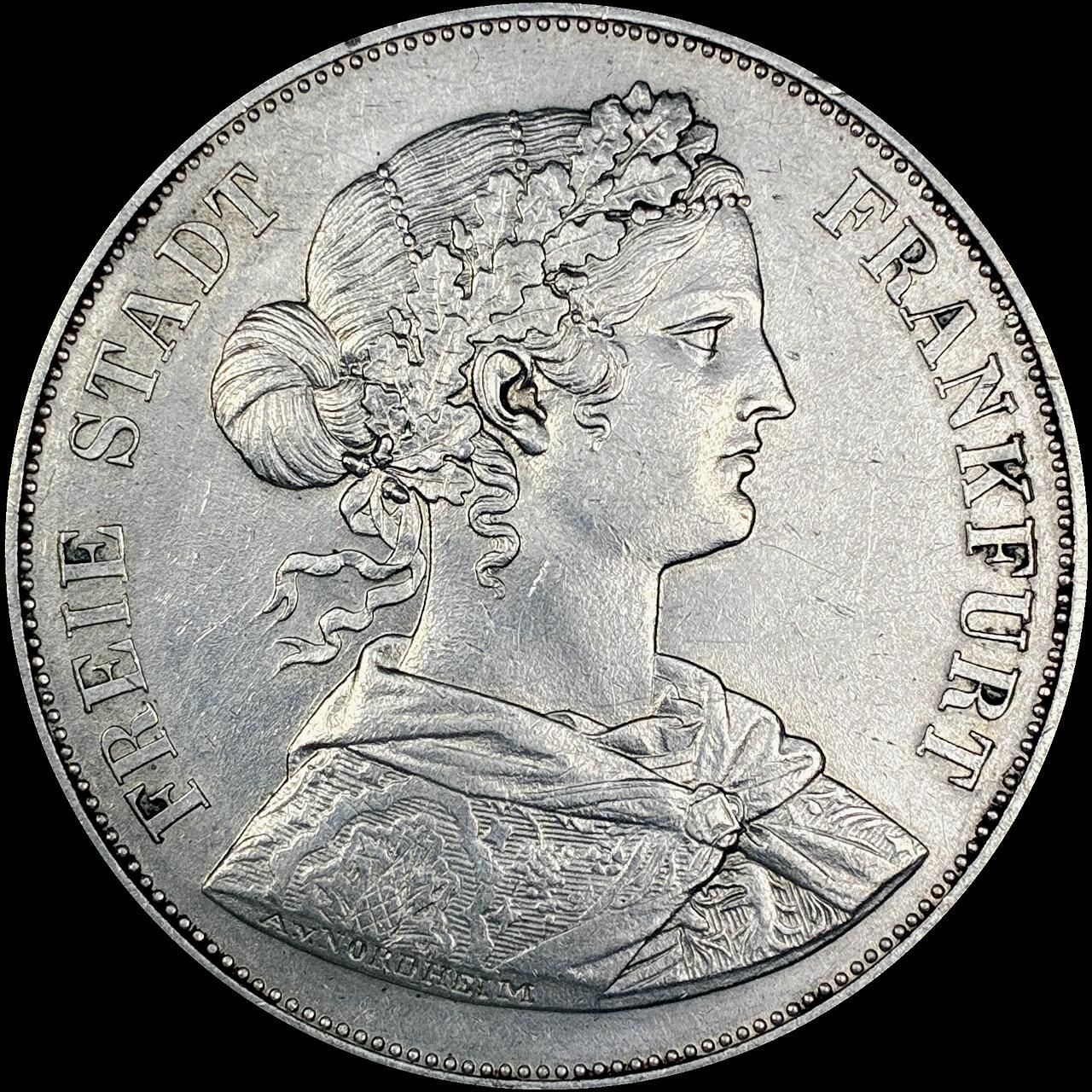 【雨安】【直播拍卖】【世界币章121期-裸币】2025-12-26 周五 19:30 保真 [裸币德国] Germany 德国 德意志 2泰勒 Frankfurt法兰克福 Thun.145 KM#0365 (1860-1866) 法兰克福少女 1860年