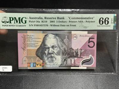 《外钞收藏家》第五百九十六期（精品大拍场）（本平台长期征集拍品、欢迎藏友们联系合作） - 2001年澳大利亚5元 PMG66 纪念钞