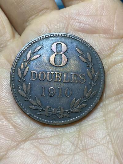 2025年第一百四十四场(总第一百七十场）品种丰富英国一线回流散币年末特拍场第一场(免佣金) - 英属根西岛🇬🇬1910年8道布(第二版8道布，H标喜敦厂造，爱德华七世逝世年)