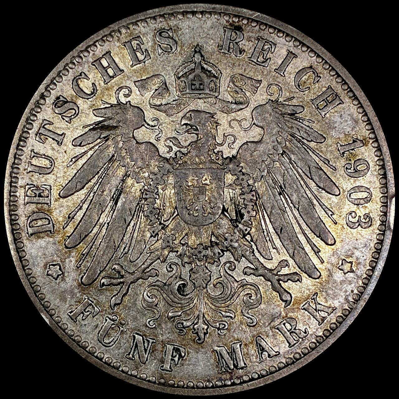 【雨安】【直播拍卖】【世界币章121期-裸币】2025-12-26 周五 19:30 保真 [裸币德国] Germany 德国 帝国 萨克森 5马克 格奥尔格 1903年