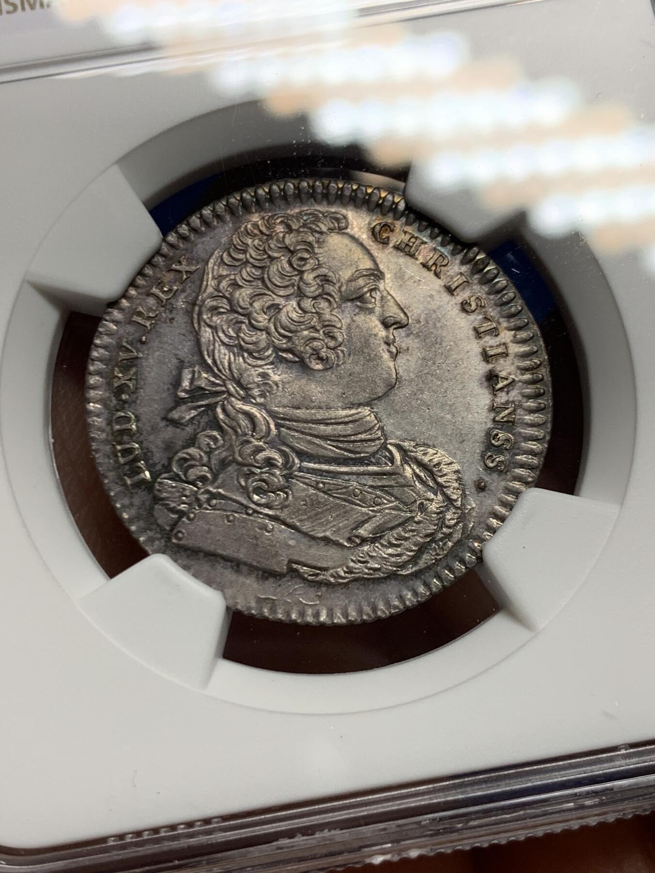 《竞宝斋》第451场 周日，周一，周二  3场连拍 （全场包邮，欢迎送拍） NGC MS62 法国路易十五头像巴约讷商会银质代币