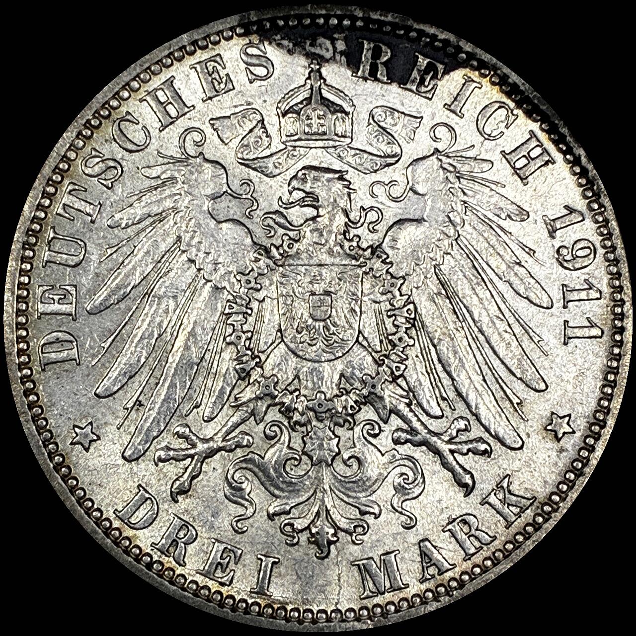 【雨安】【直播拍卖】【世界币章121期-裸币】2025-12-26 周五 19:30 保真 [裸币德国] Germany 德国 帝国 汉堡 3马克 1911年 UNC