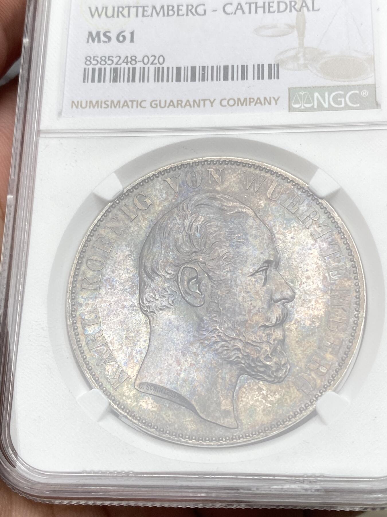 万国钱币拍卖第058期（万国新年大拍） NGC MS61 1871年德国符腾堡乌尔姆大教堂2泰勒 德系经典名品 德意志精工细作的代表 厚重欧陆七彩包浆 值得入藏的状态