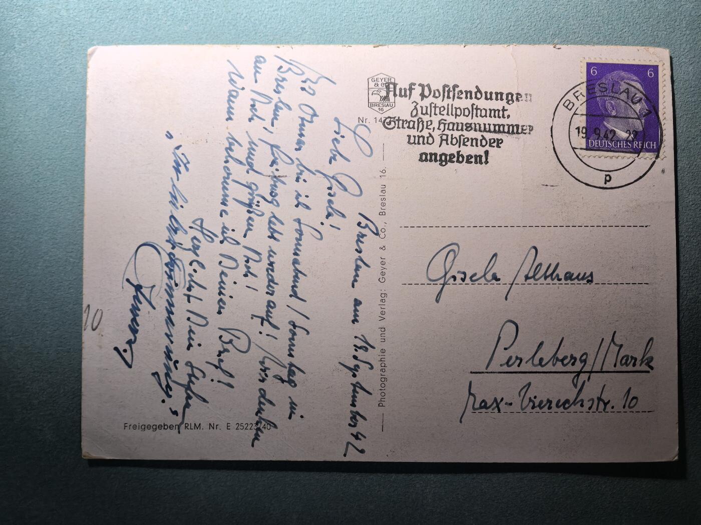 盛世勋华——号角文化勋章邮票专场拍卖第295期 德国（1939）1942年实寄明信片 贴小胡子邮票 布列斯劳市政厅