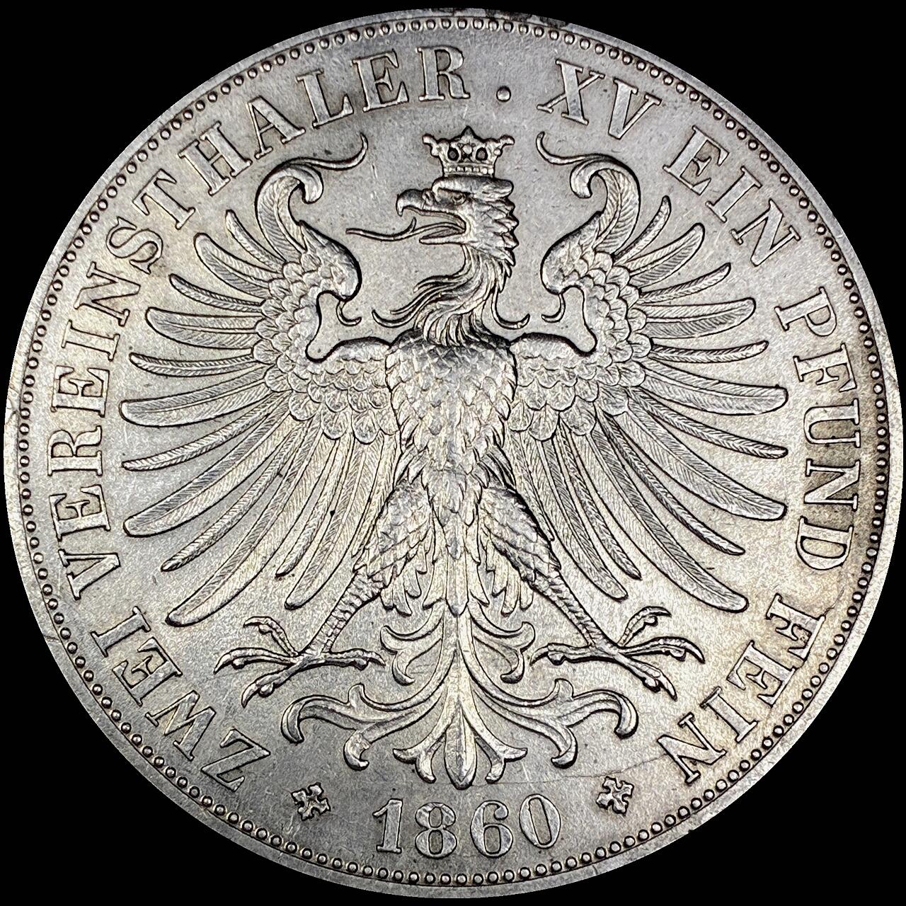 【雨安】【直播拍卖】【世界币章121期-裸币】2025-12-26 周五 19:30 保真 [裸币德国] Germany 德国 德意志 2泰勒 Frankfurt法兰克福 Thun.145 KM#0365 (1860-1866) 法兰克福少女 1860年