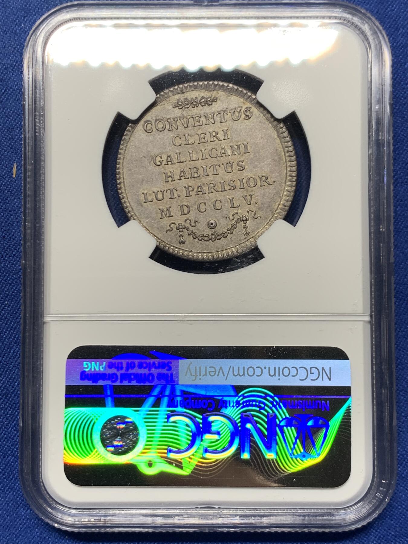 《竞宝斋》第451场 周日，周一，周二  3场连拍 （全场包邮，欢迎送拍） NGC AU58 法国路易十五头像神职人员大会银质代币