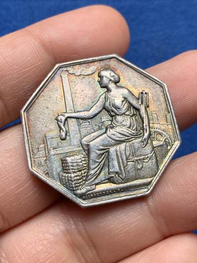 《竞宝斋》第451场 周日，周一，周二  3场连拍 （全场包邮，欢迎送拍） - 法国八角银质代币，亚麻纺纱公司，19.08g，34.1mm，蜜蜂边铭