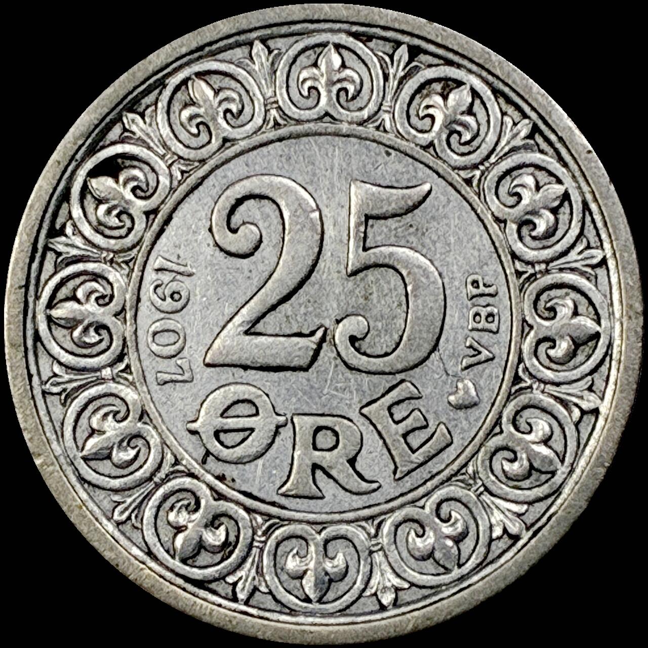 【雨安】【直播拍卖】【世界币章121期-裸币】2025-12-26 周五 19:30 保真 [裸币各国] Denmark 丹麦 25欧尔 1907年 弗里德里克七世