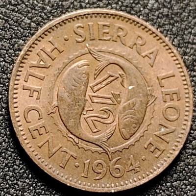 泉币菌-第153场-平安夜专场 - 双鱼 1964年塞拉利昂半分1/2分青铜银币 20.2毫米 铜钱纪念币