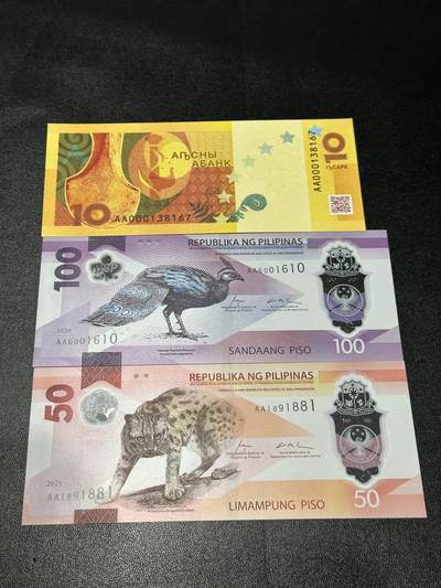 《外钞收藏家》第五百九十六期（精品大拍场）（本平台长期征集拍品、欢迎藏友们联系合作） - 阿布哈兹10 AA首冠全新+菲律宾AA冠50和100比索2张倒置号全新 一起