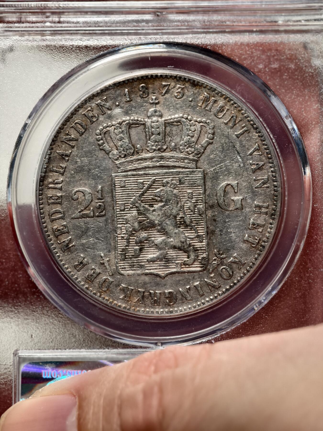 抚柳草堂-第四期章牌钱币（圣诞专场） 奖章勋章限时免佣 满百包邮 放漏专场 1873荷兰王国2.5GULDEN银币 威廉三世 公博au50淡淡的黄油彩光 浮雕也非常漂亮