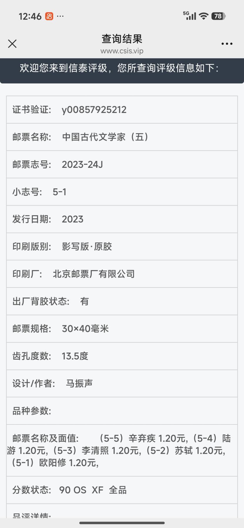 刘世昌艺术品销售中心～虎踞龙蟠*金杨在线联拍群第512期 2023年2023-24J《中国古代文学家（五）》 6元 纪念邮票（信泰评级 90XF 全品 编号：Y00857925212等）一套5枚。