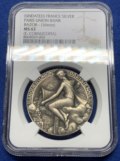 《竞宝斋》第451场 周日，周一，周二  3场连拍 （全场包邮，欢迎送拍） - NGC MS62 法国巴黎联合银行银质代币，财富女神手持丰饶角，由巴黎造币厂总雕刻师吕西安·巴佐尔雕刻而成