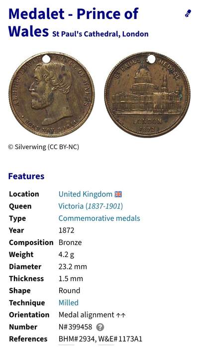 2025年第一百四十二场(总第一百六十八场）高品质英国一线回流散币年末特拍场第二场(免佣金) 稀少好品–英国🇬🇧1872年纪念章(威尔士亲王圣保罗大教堂康复感恩纪念章，事件背景:1871年10月，威尔士亲王爱德华因伤寒病重，维多利亚女王甚至被告知要做好其离世的准备；同年12月他病情好转，1872年2月27日英国王室在圣保罗大教堂举办感恩礼拜)