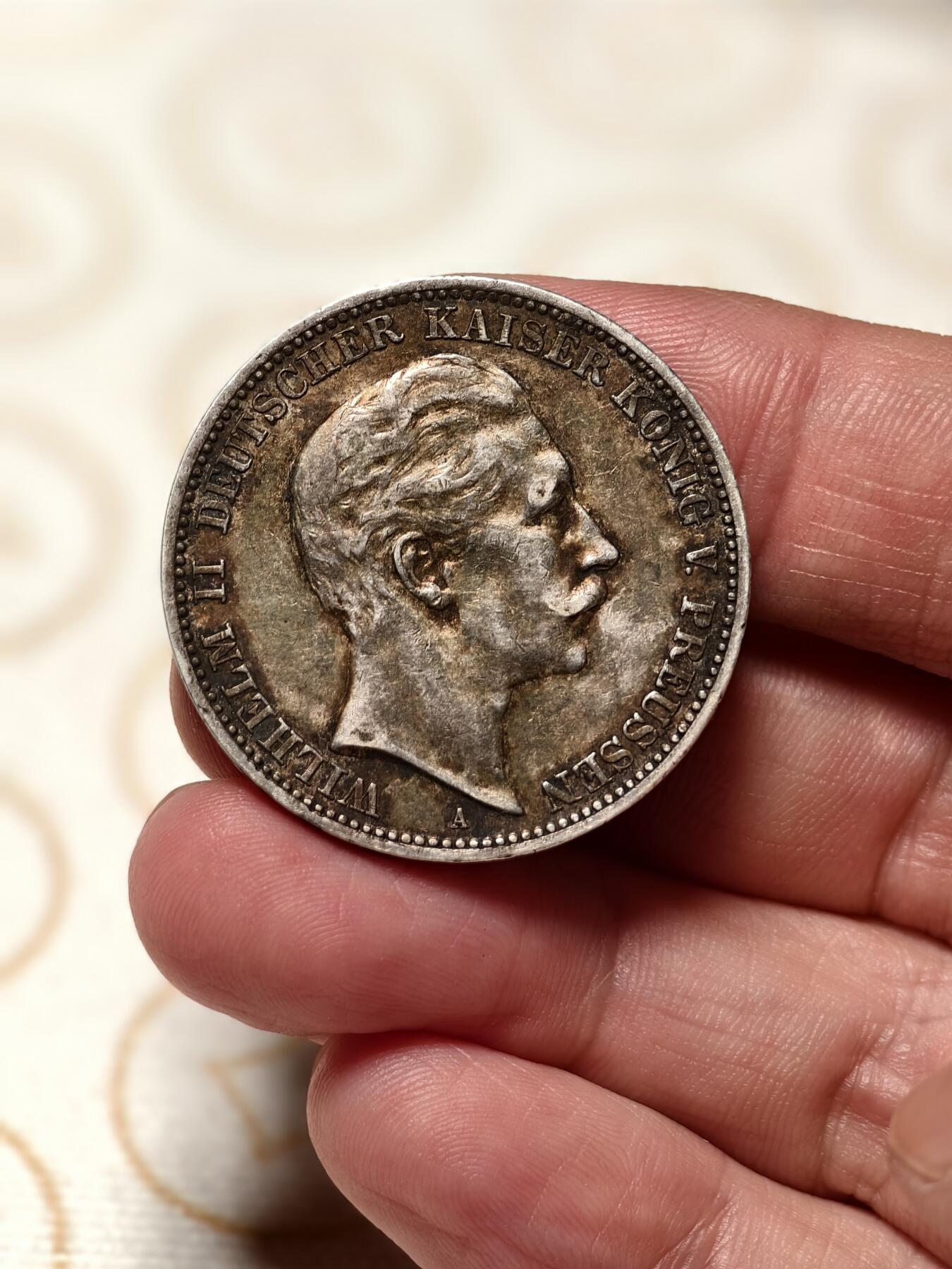 抚柳草堂-第四期章牌钱币（圣诞专场） 奖章勋章限时免佣 满百包邮 放漏专场 1909德国普鲁士威廉二世3马克银币 重16.6g老酱彩细节很好 难得好品