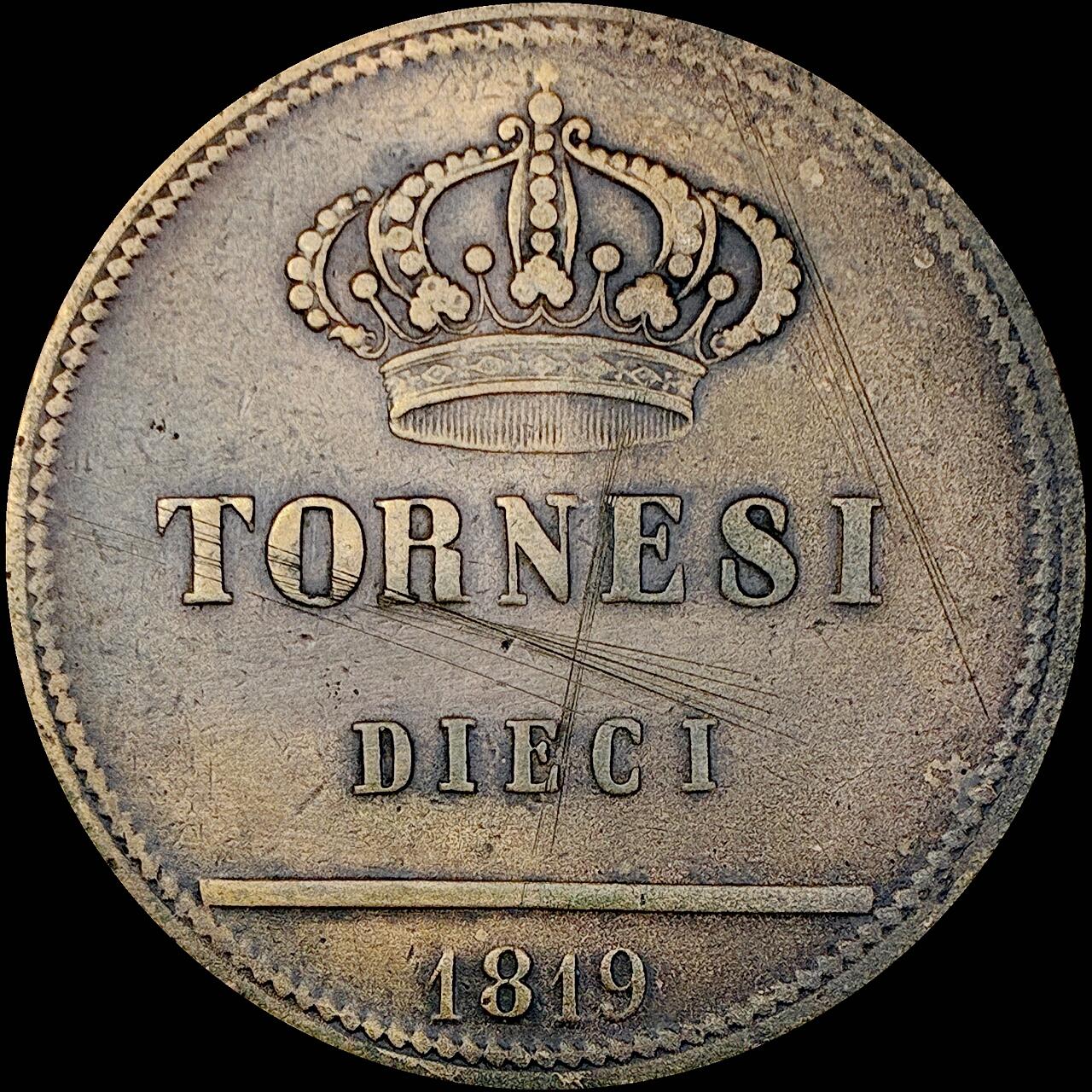 【雨安】【直播拍卖】【世界币章121期-裸币】2025-12-26 周五 19:30 保真 [裸币各国] Italy 意大利 Naples那不勒斯 10Tornesi 1819年