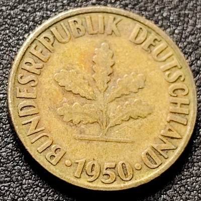 泉币菌-第153场-平安夜专场 - 1950年 德国 10芬尼 铁芯镀黄铜硬币 五叶橡树 21.5毫米