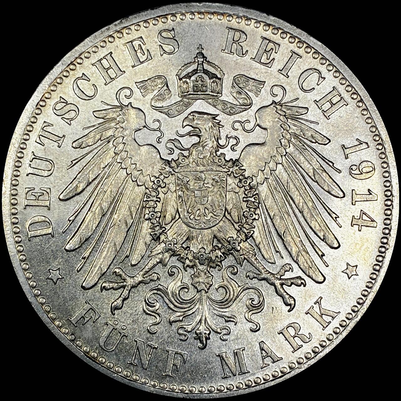 【雨安】【直播拍卖】【世界币章121期-裸币】2025-12-26 周五 19:30 保真 [裸币德国] Germany 德国 帝国 J.053 巴伐利亚 5马克 (1914) 路德维希三世 1914年