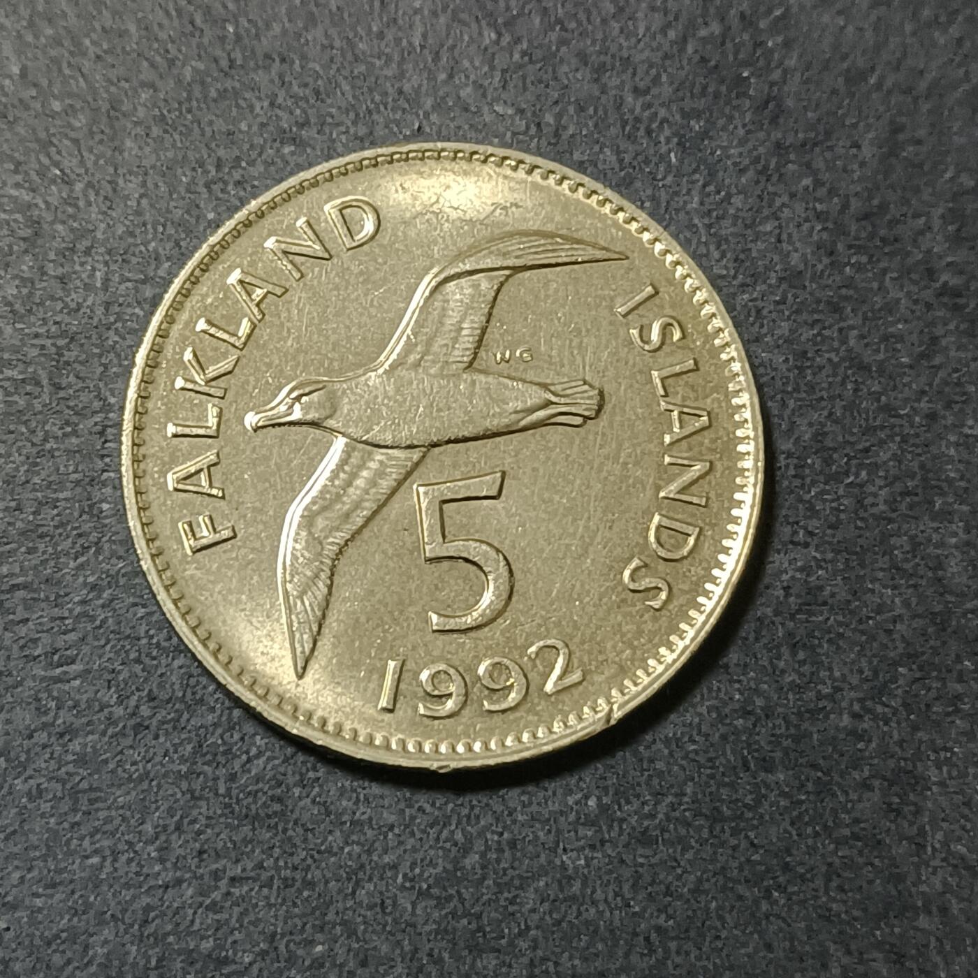 【游宝包邮场】蛇年第102期 英系国家硬币 福克兰群岛-5便士 1992年