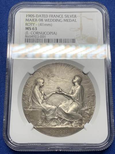 《竞宝斋》第451场 周日，周一，周二  3场连拍 （全场包邮，欢迎送拍） - NGC MS63 法国O.Roty“永恒的爱”结婚纪念银章