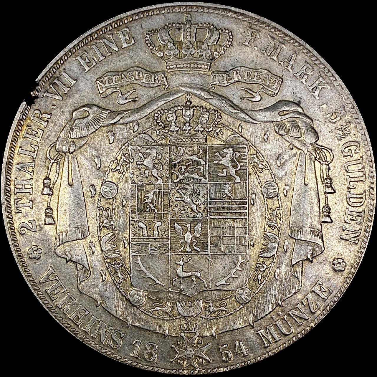 【雨安】【直播拍卖】【世界币章121期-裸币】2025-12-26 周五 19:30 保真 [裸币德国] Germany 德国 德意志 2泰勒 Braunschweig不伦瑞克 Thun.119 KM#1140 (1850-1855) 大纹章 1854年 背面有铸缺