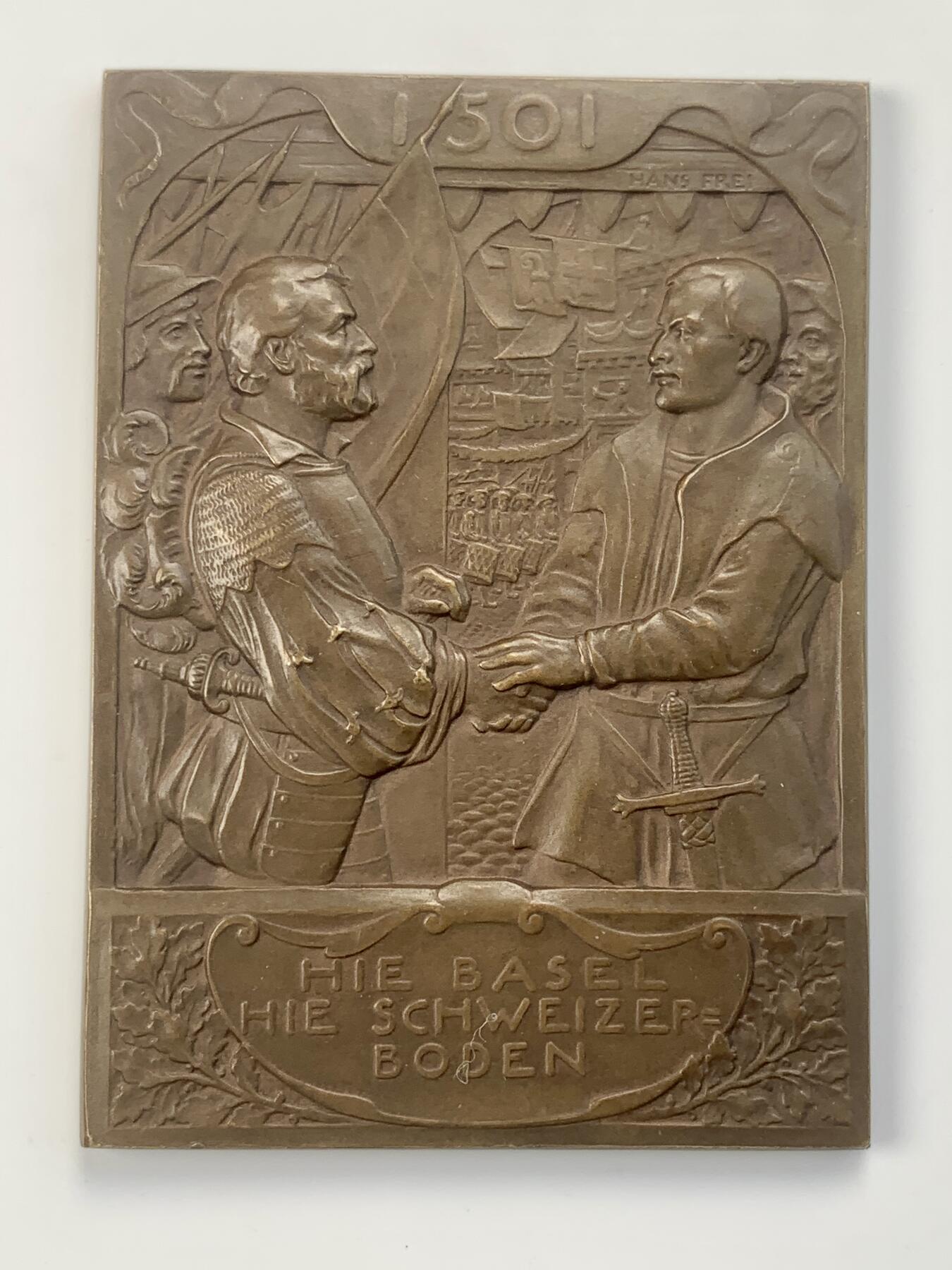 掌中浮雕-藏着的欧洲第047场 1901年瑞士巴塞尔加入瑞士联邦400周年纪念矩形大铜章，58mm*80mm